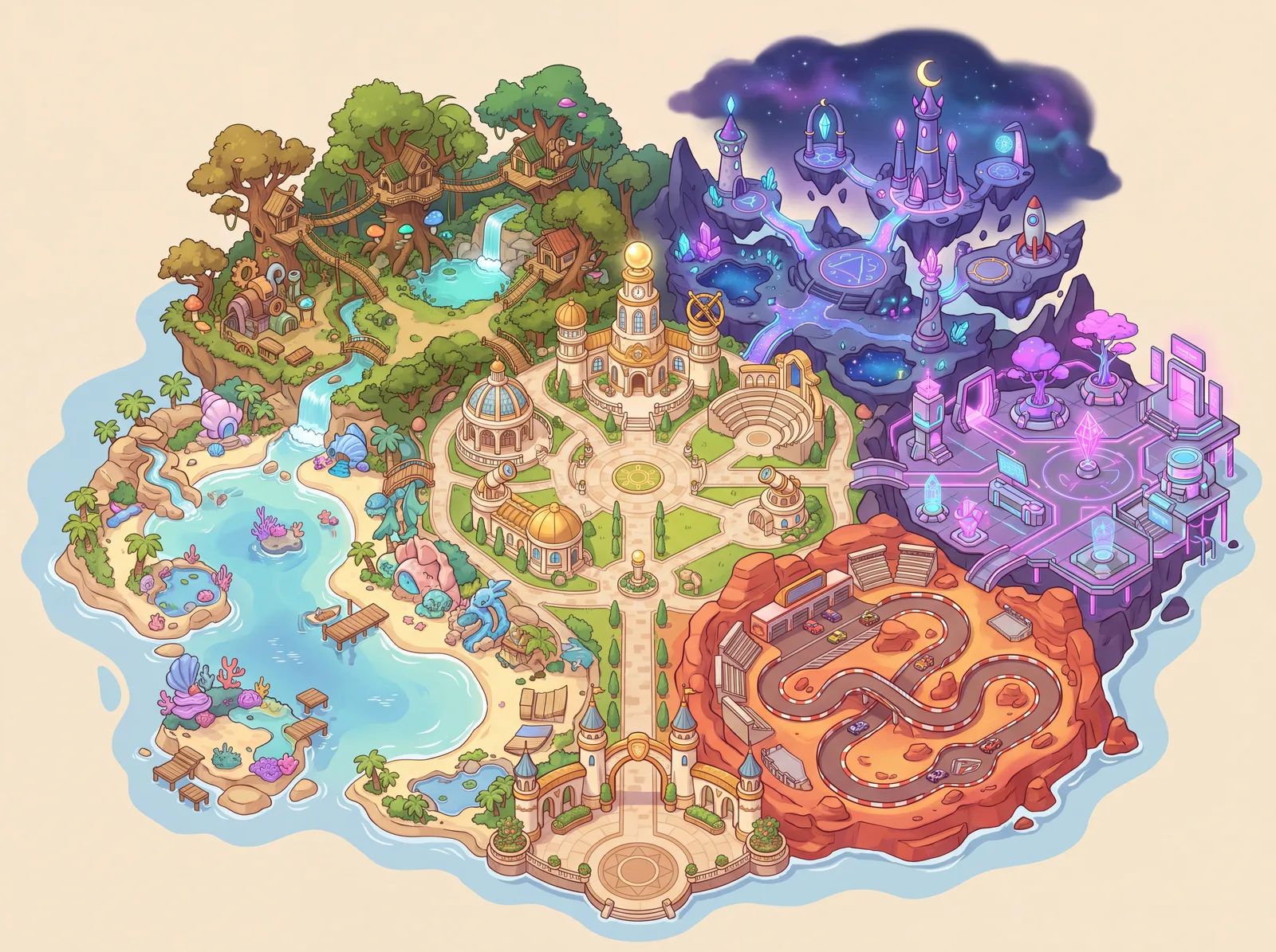 An illustrated map of the YOXI world — one island with six themed realms.